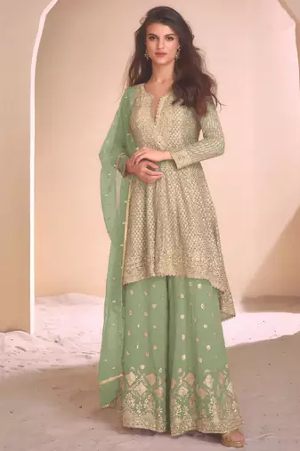 new pista green high low style wedding wear georgette salwar suit for women