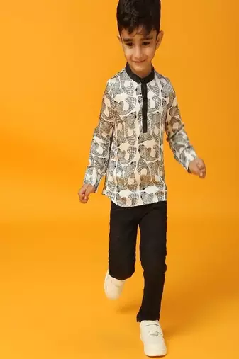 Black printed satin kurta