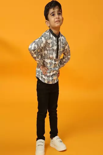 Black printed satin kurta