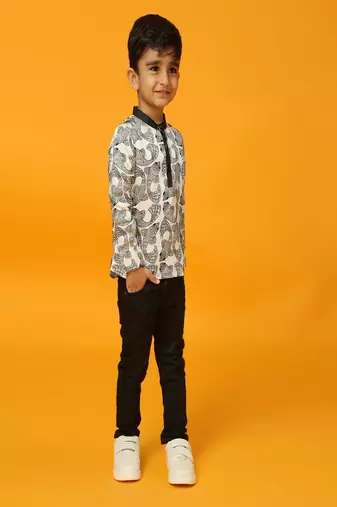 Black printed satin kurta