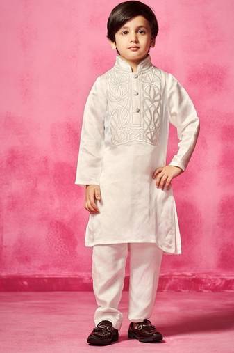 White embroidered satin kurta pyjama