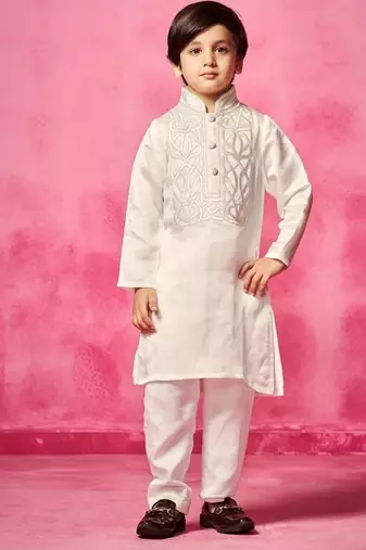 White embroidered satin kurta pyjama