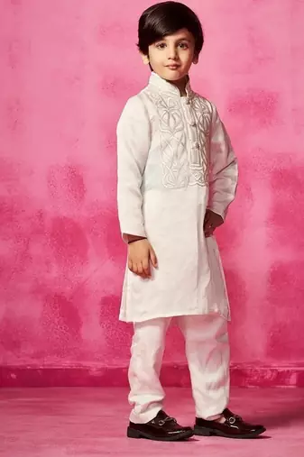 White embroidered satin kurta pyjama