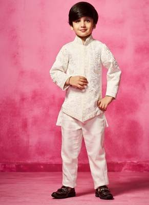 White embroidered satin jacket paired with pant 1