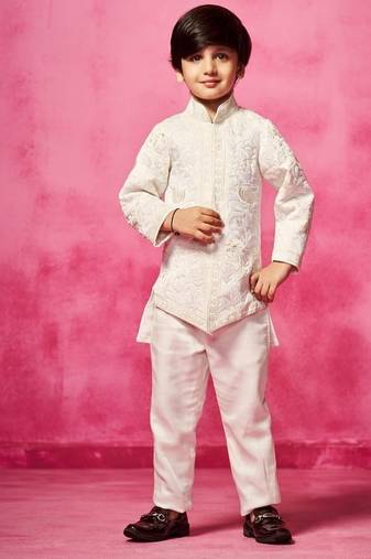 White embroidered satin jacket paired with pant