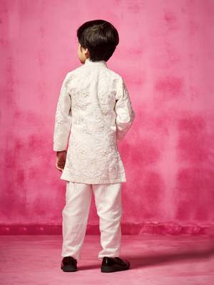 White embroidered satin jacket paired with pant 3