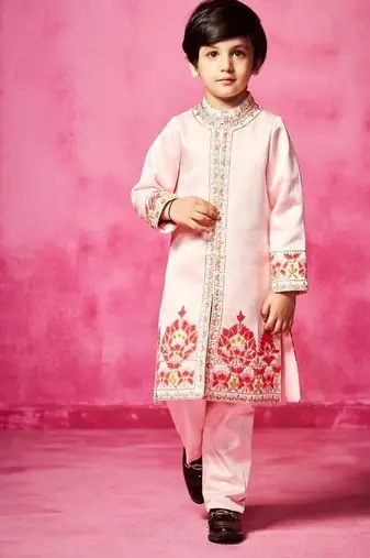 Pink embroidered satin sherwani
