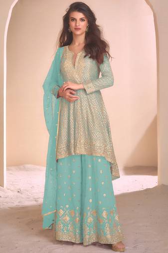 new baby blue high low style wedding wear georgette salwar suit for women