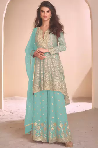 new baby blue high low style wedding wear georgette salwar suit for women