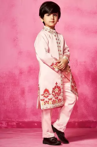 Pink embroidered satin sherwani