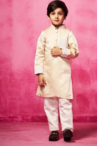 Beige plain satin kurta pyjama