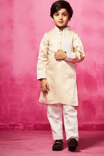 Beige plain satin kurta pyjama