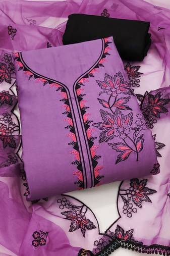 Women's voilet unstitched heavy thread embroidery pure cotton silk dress material 