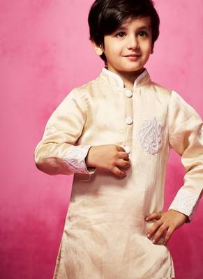 Beige plain satin kurta pyjama 3