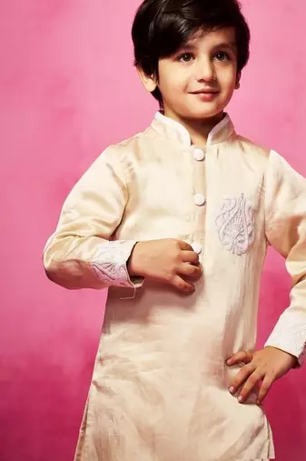 Beige plain satin kurta pyjama