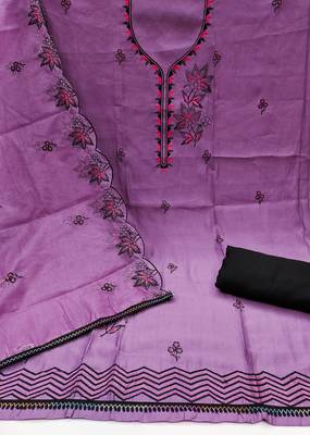 Women's voilet heavy thread embroidery pure cotton silk dress material 2