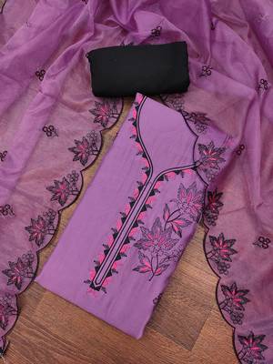 Women's voilet heavy thread embroidery pure cotton silk dress material 3