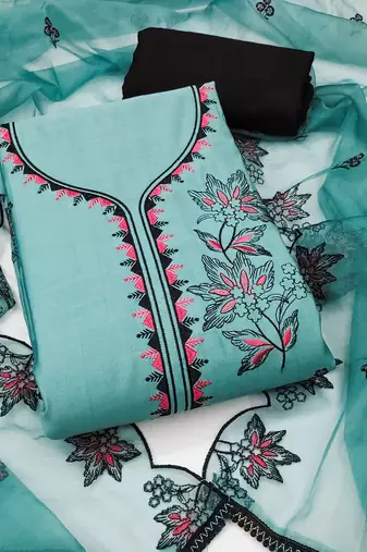 Women's sea green unstitched heavy thread embroidery pure cotton silk dress material 