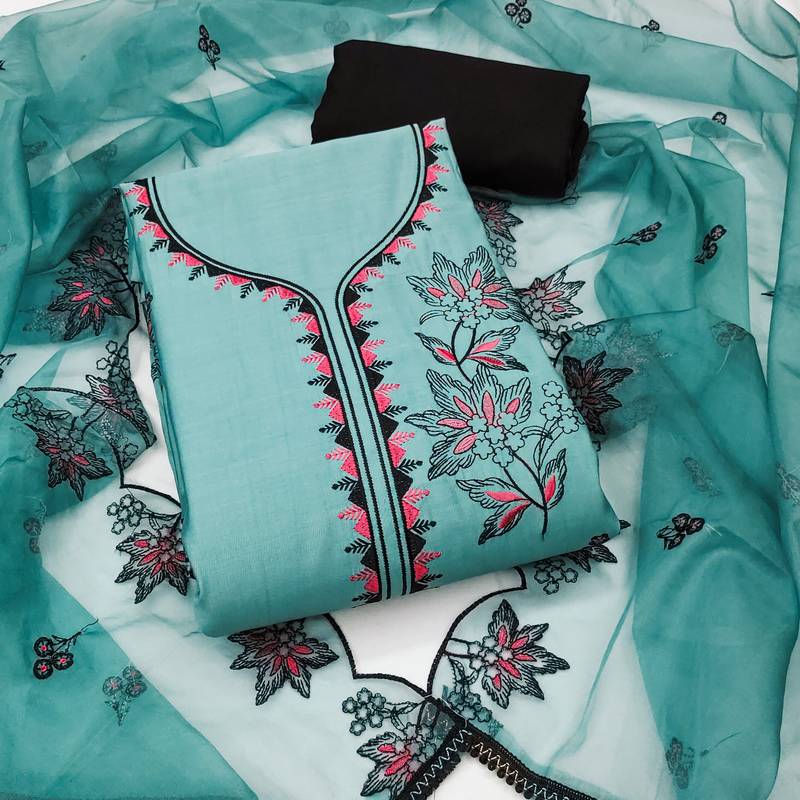 Women's sea green unstitched heavy thread embroidery pure cotton silk dress material 