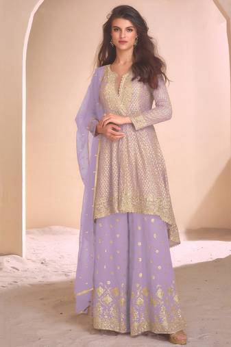 new lilac high low style wedding wear georgette salwar suit for women