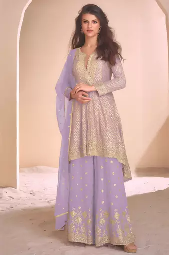 new lilac high low style wedding wear georgette salwar suit for women