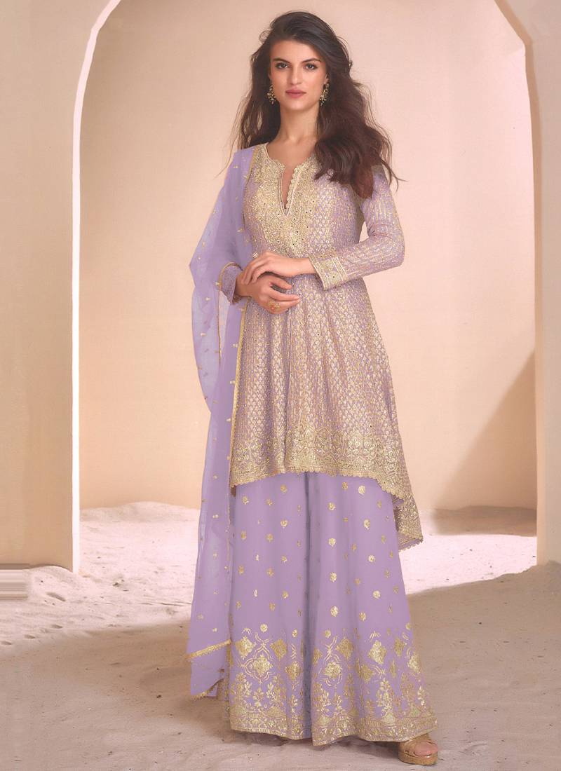new lilac high low style wedding wear georgette salwar suit for women