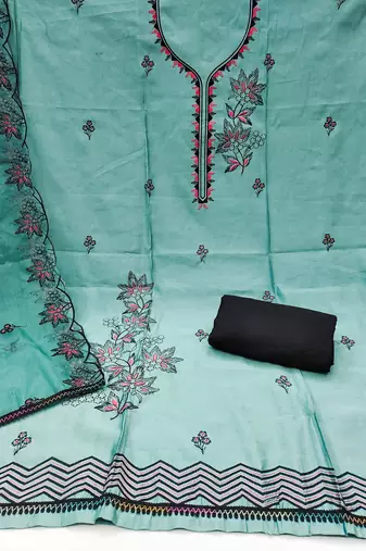Women's sea green heavy thread embroidery pure cotton silk dress material