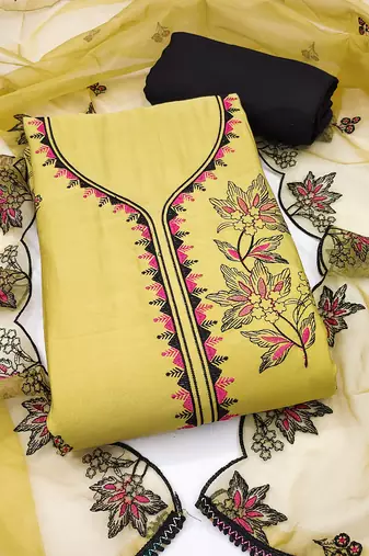 Women's light yellow unstitched heavy thread embroidery pure cotton silk dress material 