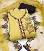 Women's light yellow unstitched heavy thread embroidery pure cotton silk dress material