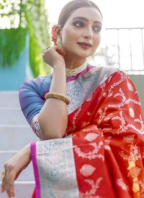 Red Heavy Satin Banarasi silk blend Saree 1