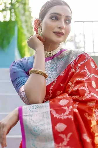 Red Heavy Satin Banarasi silk blend Saree