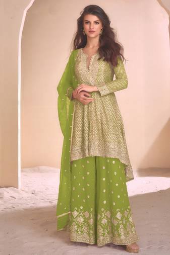 new green high low style wedding wear georgette salwar suit for women