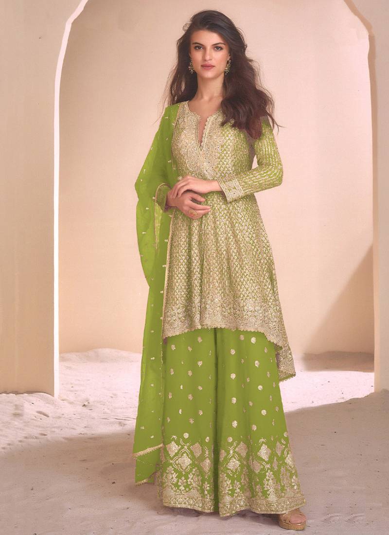 new green high low style wedding wear georgette salwar suit for women