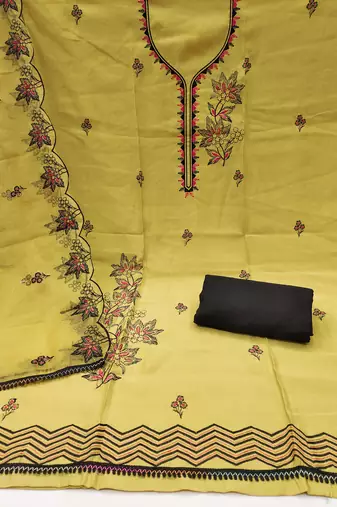 Women's light yellow heavy thread embroidery pure cotton silk dress material