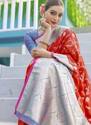 Red Heavy Satin Banarasi silk blend Saree 2