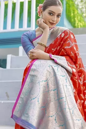 Red Heavy Satin Banarasi silk blend Saree