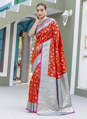 Red Heavy Satin Banarasi silk blend Saree 3