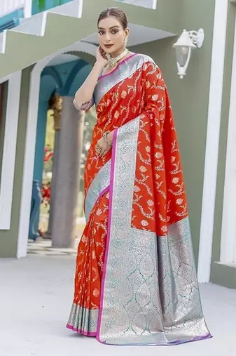 Red Heavy Satin Banarasi silk blend Saree