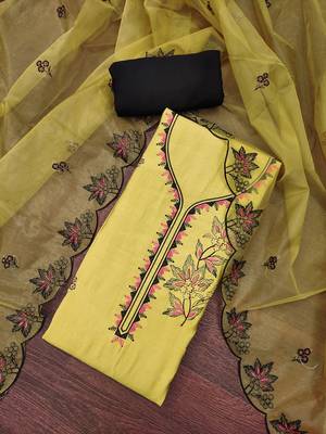 Women's light yellow heavy thread embroidery pure cotton silk dress material 3