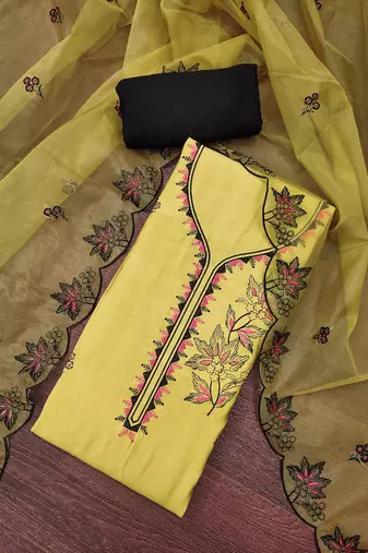 Women's light yellow heavy thread embroidery pure cotton silk dress material