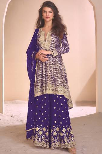 new blue high low style wedding wear georgette salwar suit for women