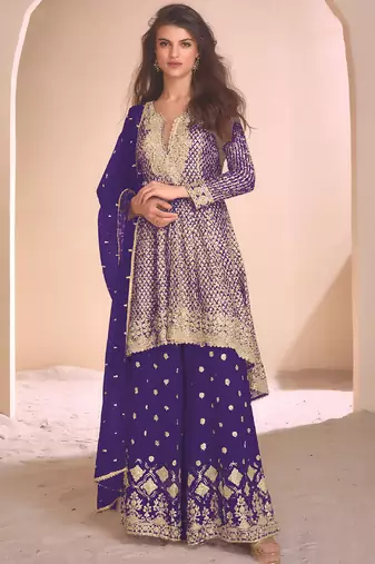 new blue high low style wedding wear georgette salwar suit for women