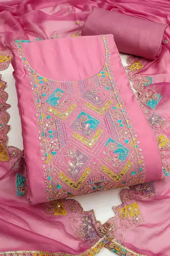 Women's pink unstitched thread sequence embroidery pure cotton silk dress material 