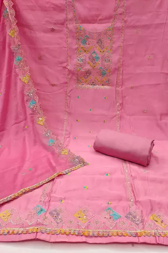 Women's pink thread sequence embroidery pure cotton silk dress material