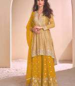 new yellow high low style wedding wear georgette salwar suit for women