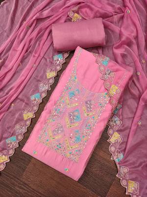 Women's pink thread sequence embroidery pure cotton silk dress material 3