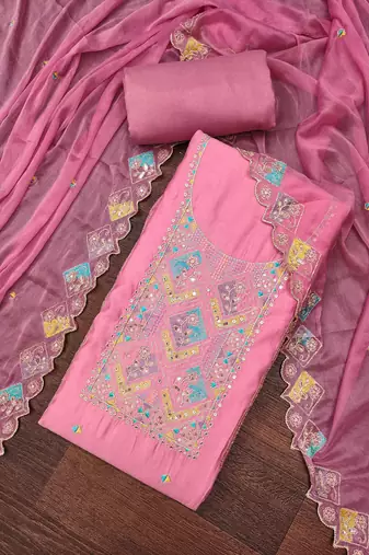Women's pink thread sequence embroidery pure cotton silk dress material