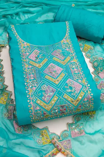 Women's sky blue unstitched thread sequence embroidery pure cotton silk dress material 