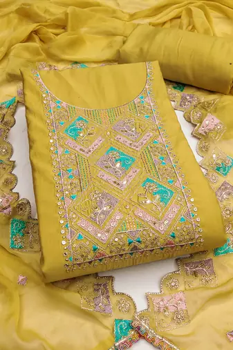Women's yellow unstitched thread sequence embroidery pure cotton silk dress material 