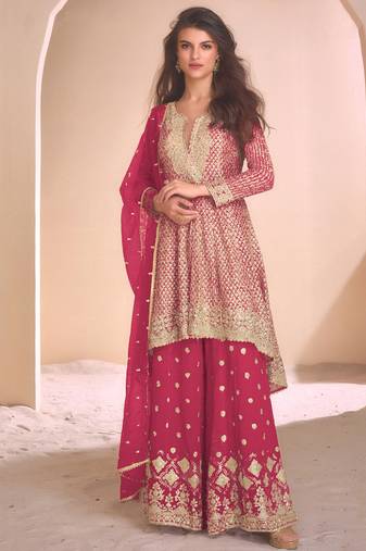 new rani pink high low style wedding wear georgette salwar suit for women